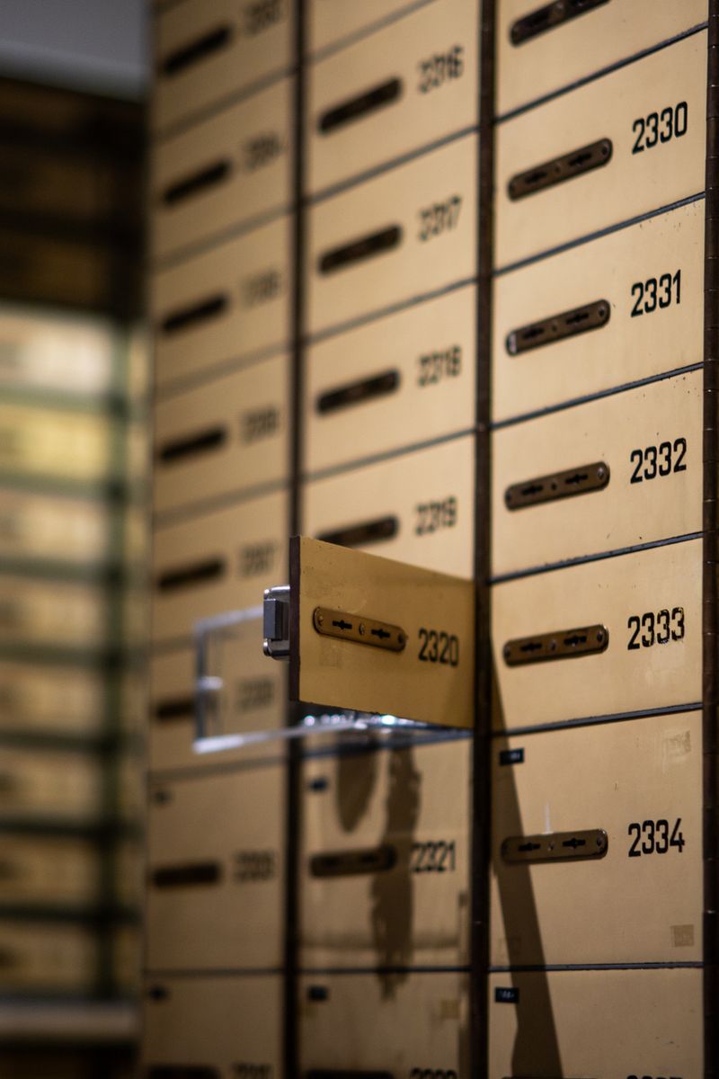 A secure vault of safe deposit boxes